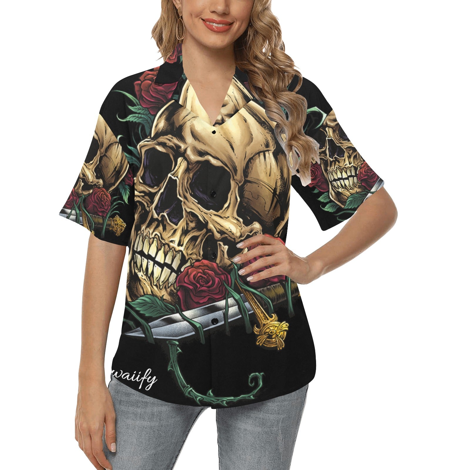 Rebel Rose: Women's Skull & Rose All Over Print Hawaiian Shirt"
