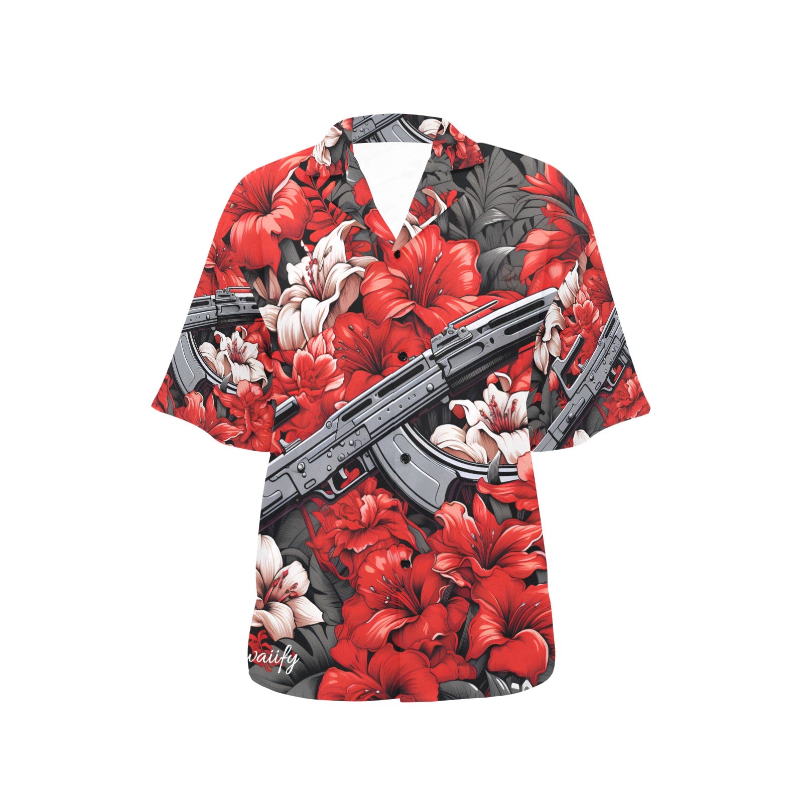 Women's Red Floral Machine Gun Hawaiian Shirt