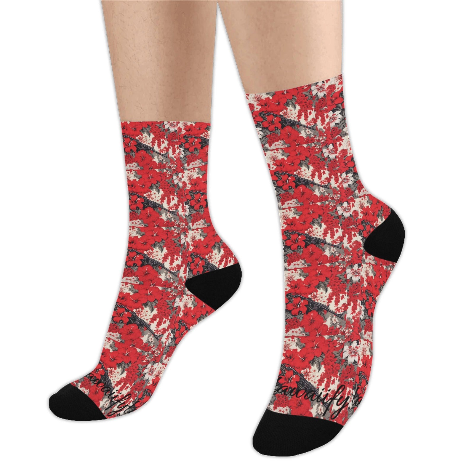 Red & White Lotus Machine Gun Floral Socks