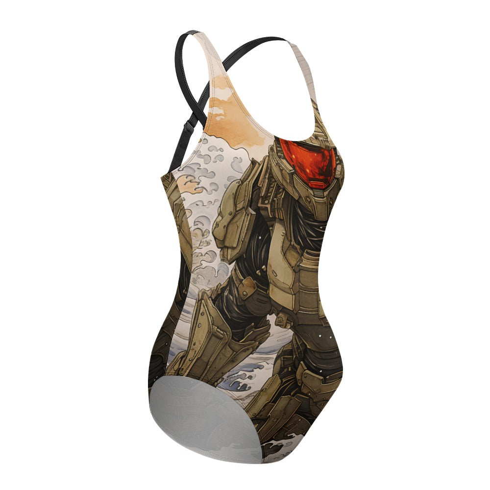 Master Chief Samurai Edition - Floral Pattern Ladies One Piece Swimsuit