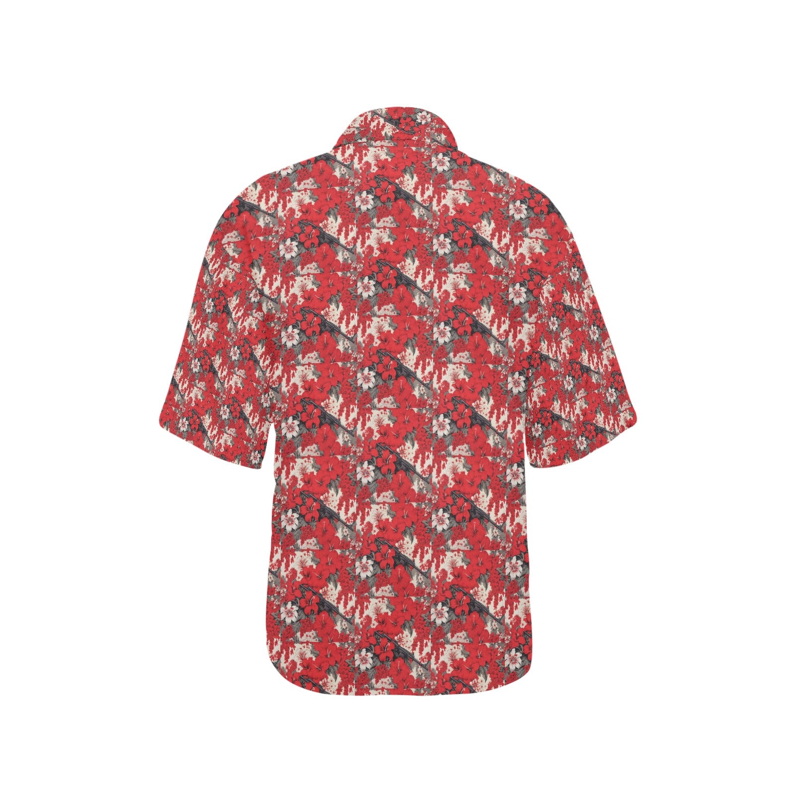 Women's Red & White Lotus Machine Gun Hawaiian Shirt