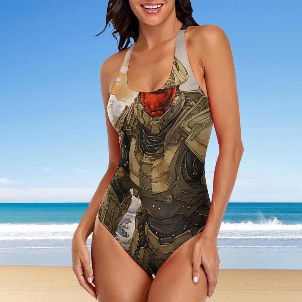 Master Chief Samurai Edition - Floral Pattern Ladies One Piece Swimsuit