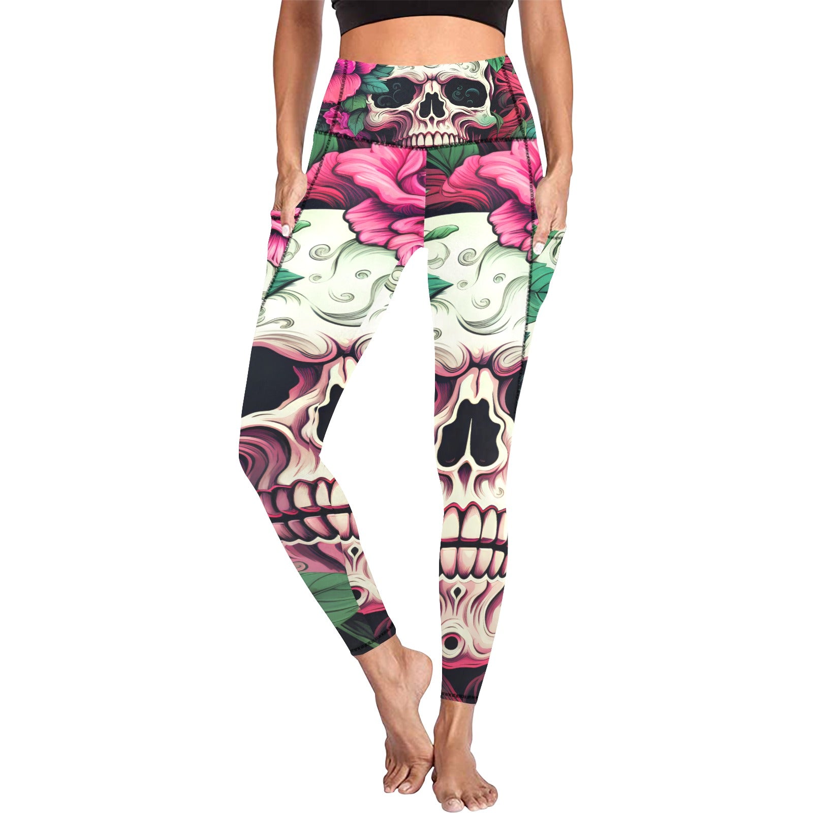Dia de los Muertos Rosé All Over Print Leggings with Pockets