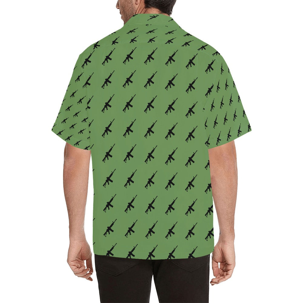 Limited Edition Men's Hawaiian Shirt with M4A1 Repeating Design - OD Green