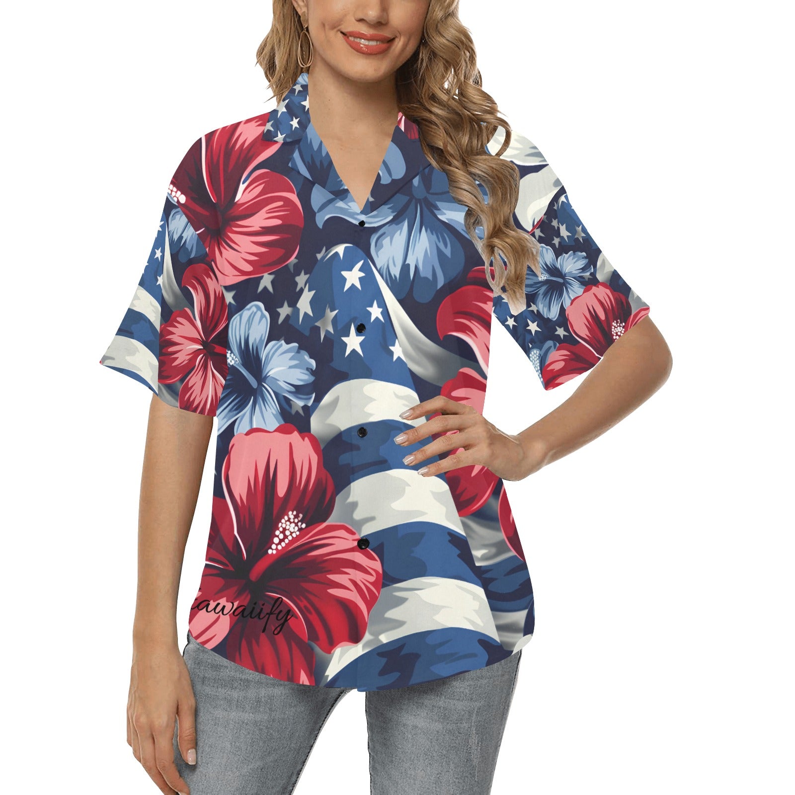 All Over Print Hawaiian Shirt for Women  - July 4th Parade - Blue Edition