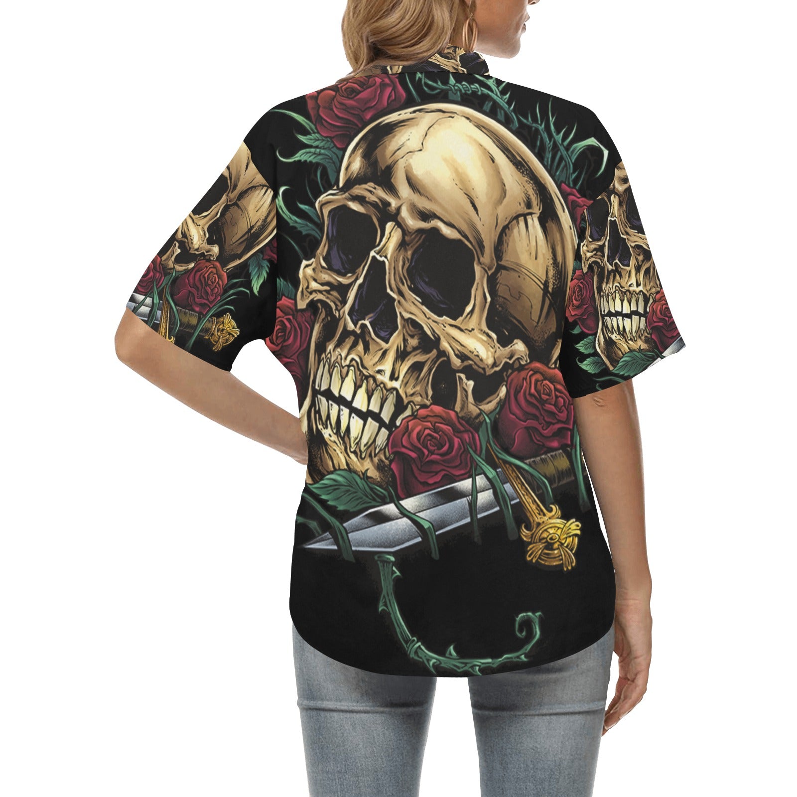 Rebel Rose: Women's Skull & Rose All Over Print Hawaiian Shirt"