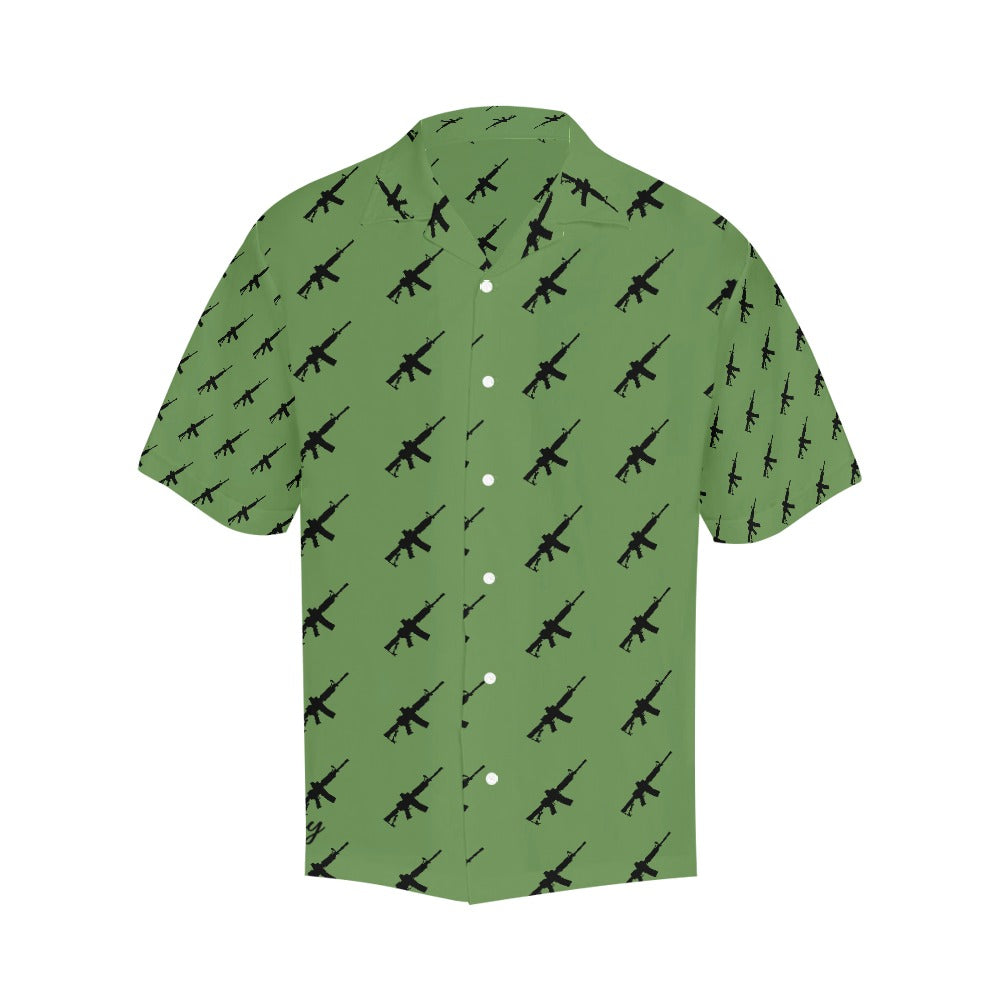 Limited Edition Men's Hawaiian Shirt with M4A1 Repeating Design - OD Green