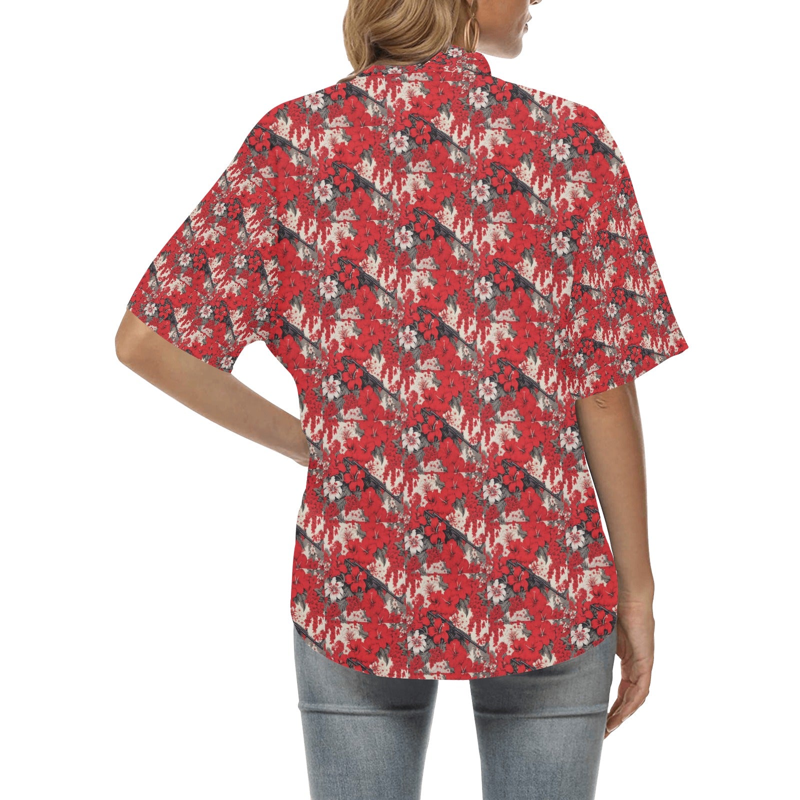 Women's Red & White Lotus Machine Gun Hawaiian Shirt