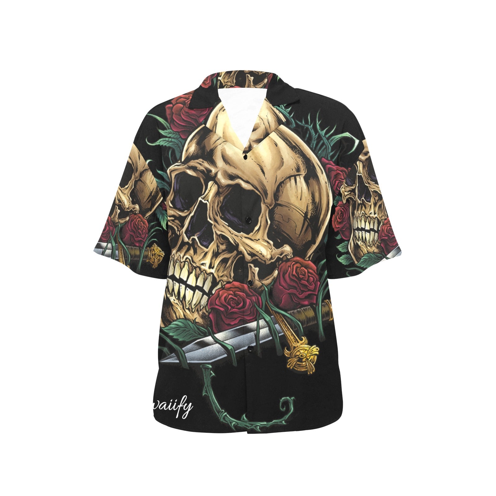 Rebel Rose: Women's Skull & Rose All Over Print Hawaiian Shirt"