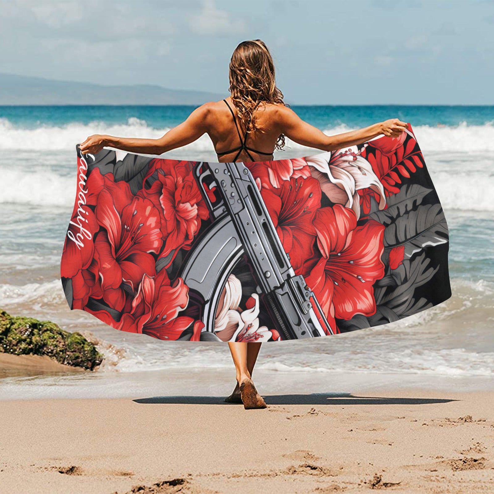 Red Floral Machine Gun Beach Towel 31.5" x 71"