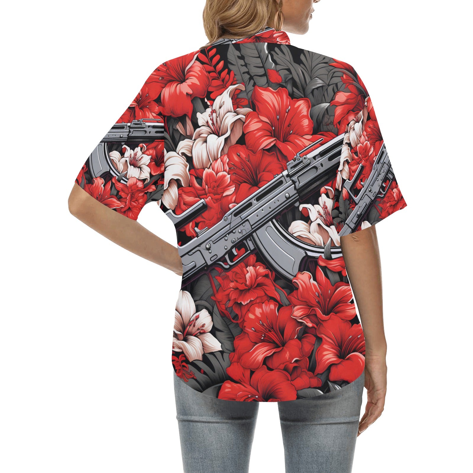 Women's Red Floral Machine Gun Hawaiian Shirt