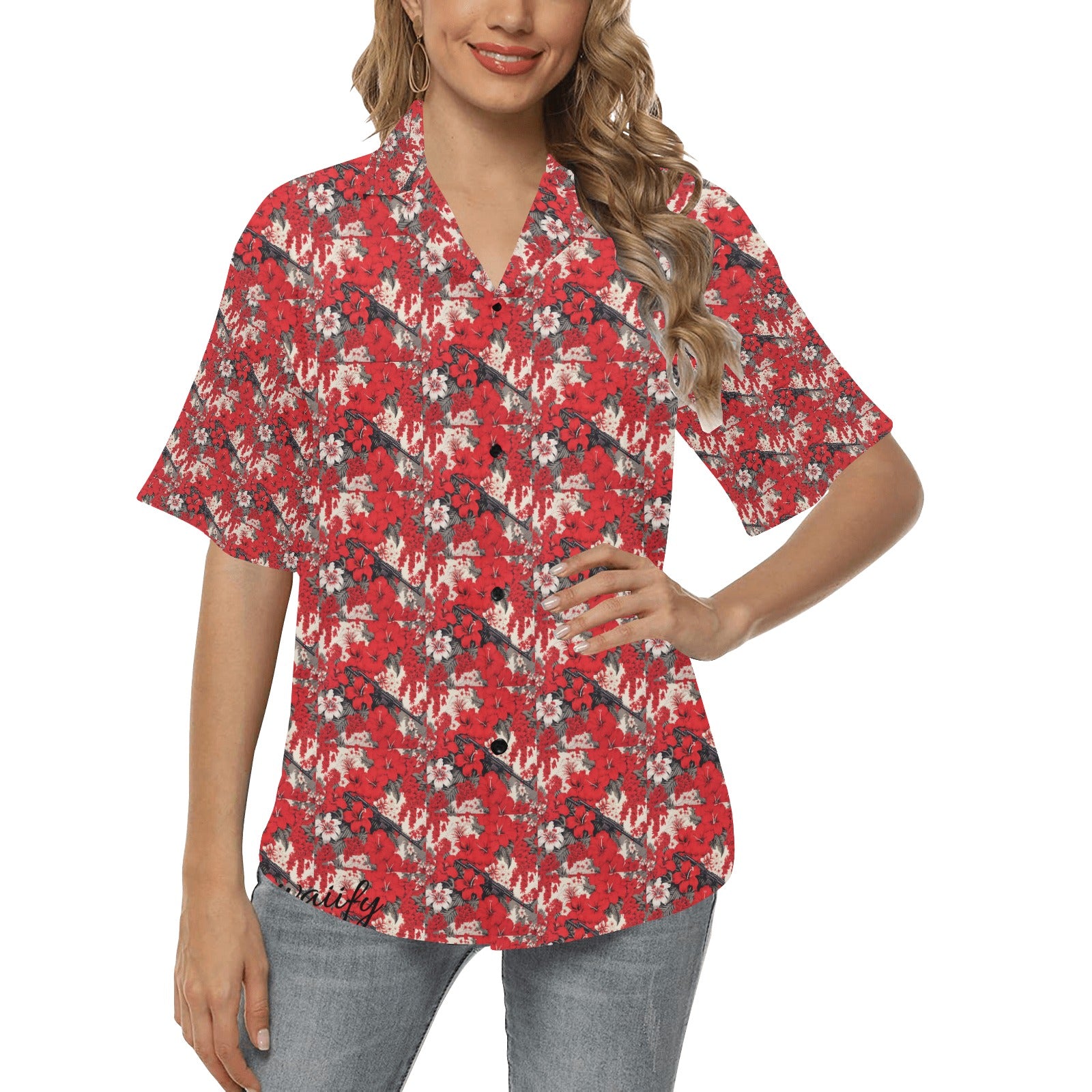 Women's Red & White Lotus Machine Gun Hawaiian Shirt