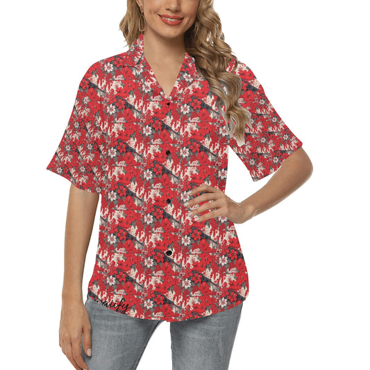 Women's Red & White Lotus Machine Gun Hawaiian Shirt