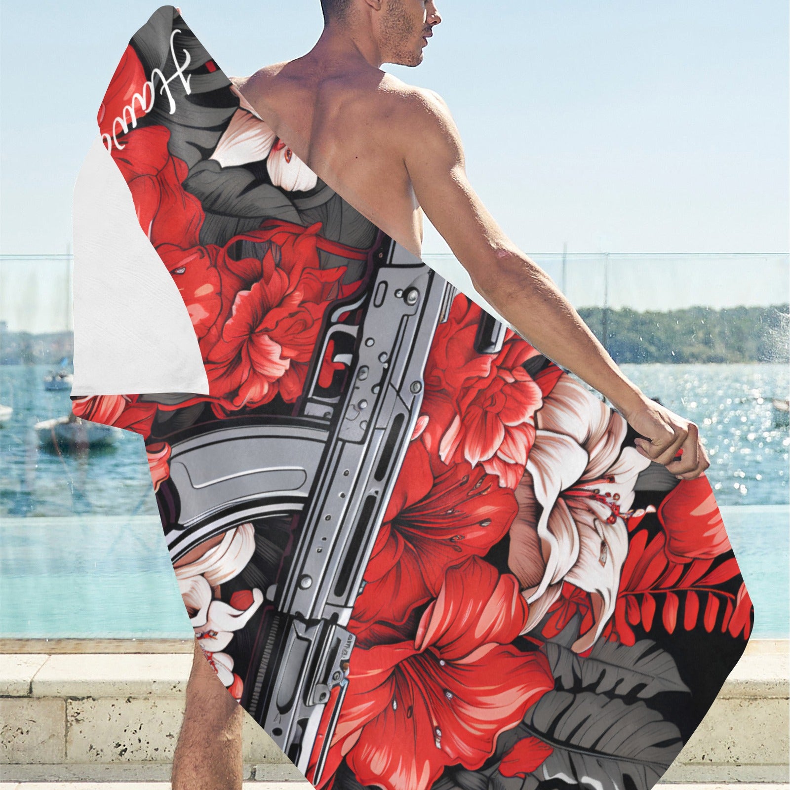 Red Floral Machine Gun Beach Towel 31.5" x 71"