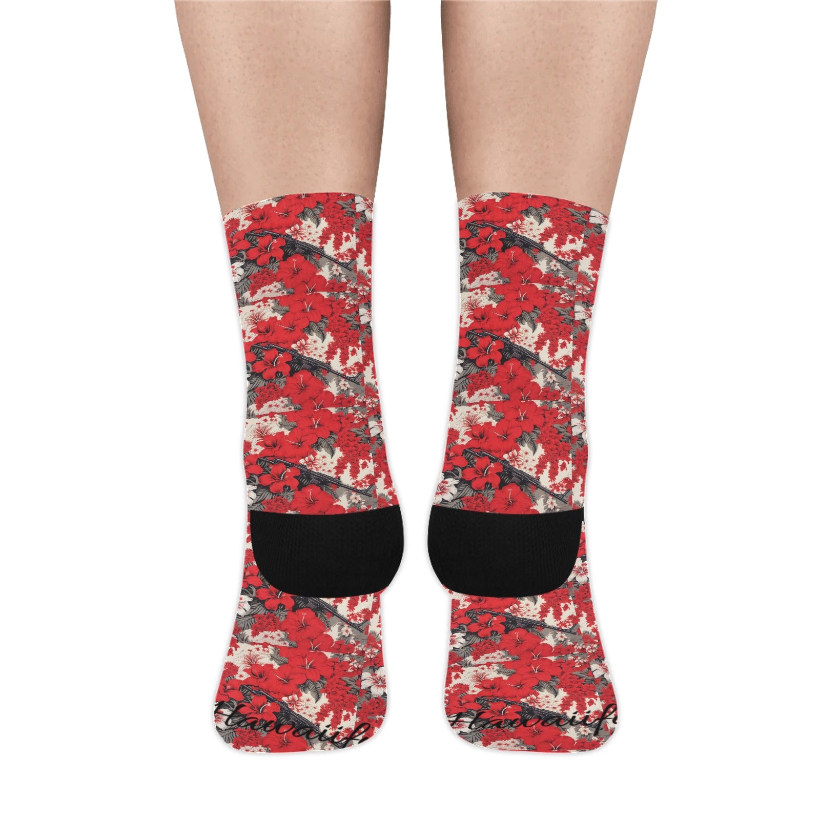 Red & White Lotus Machine Gun Floral Socks