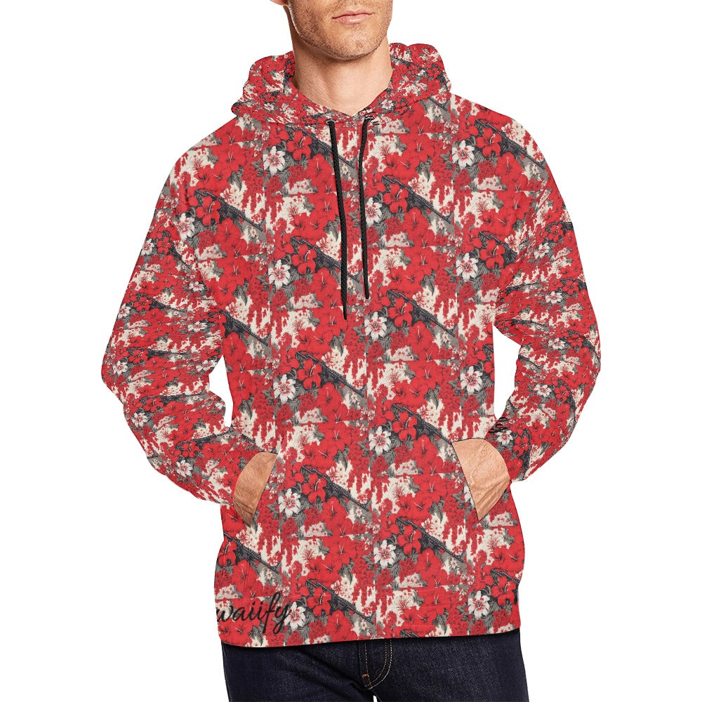 Red & White Lotus Floral Machine Gun Hoodie