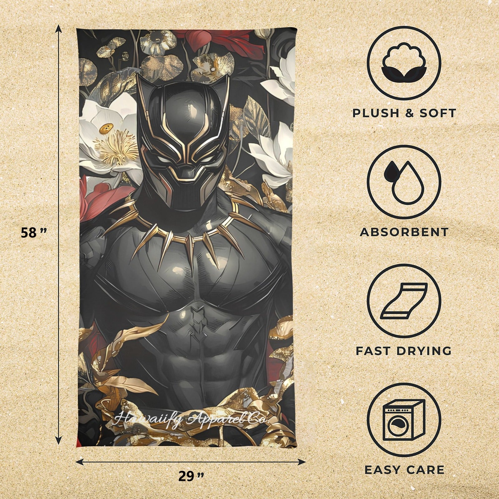 Black Panther Floral Beach Towel 29"x58"