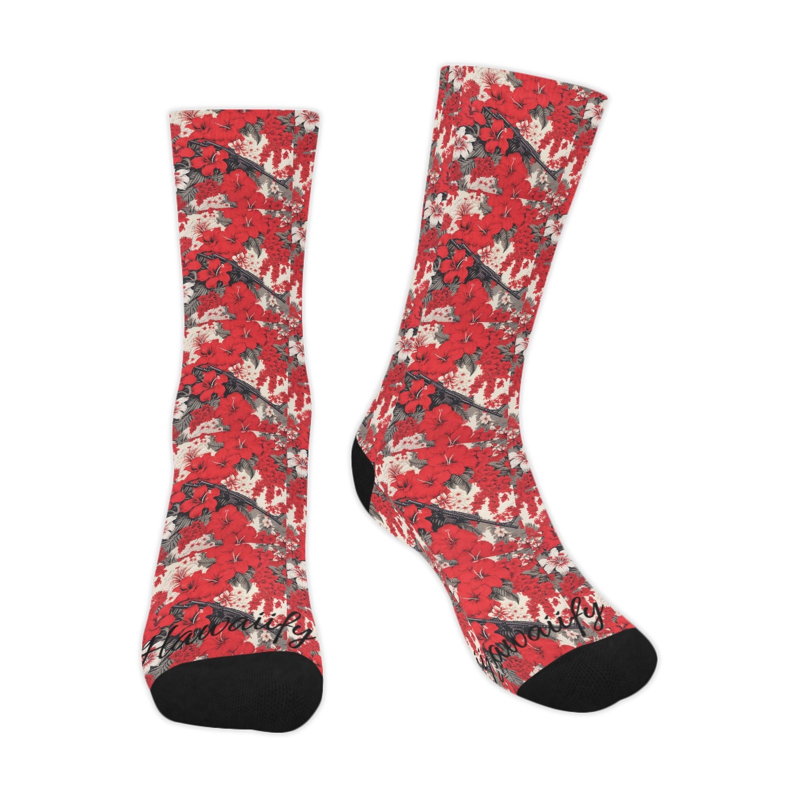 Red & White Lotus Machine Gun Floral Socks