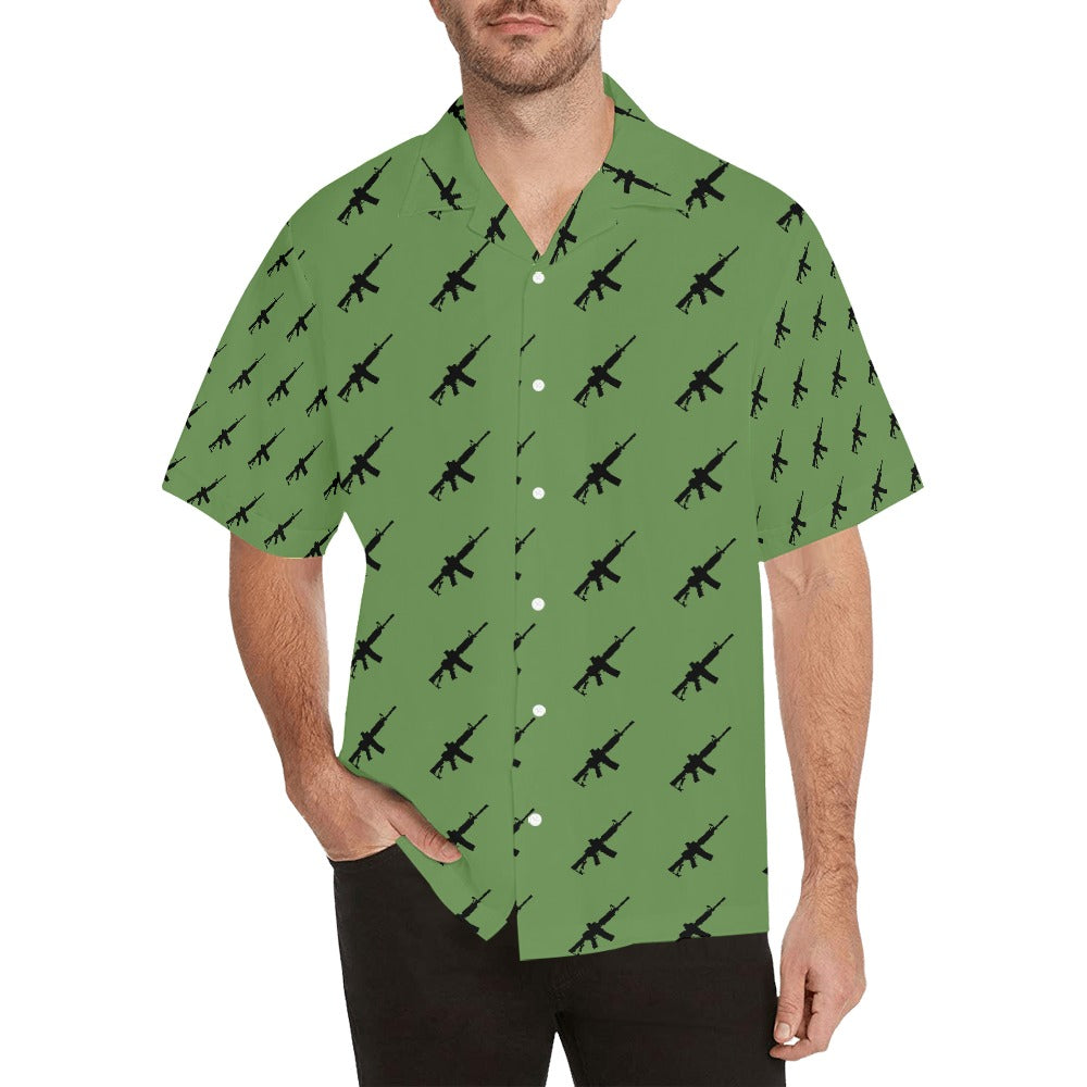 Limited Edition Men's Hawaiian Shirt with M4A1 Repeating Design - OD Green