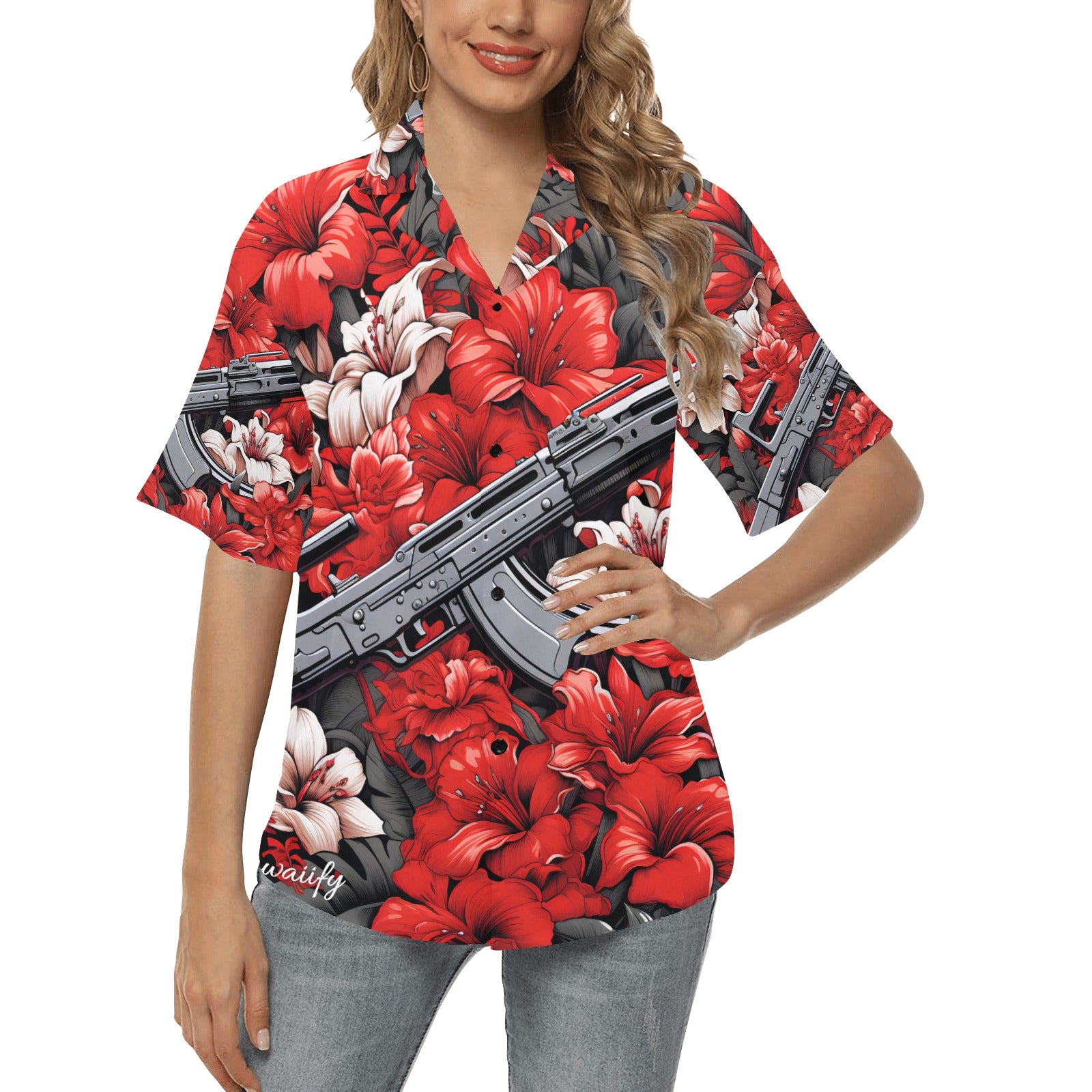 Women's Red Floral Machine Gun Hawaiian Shirt