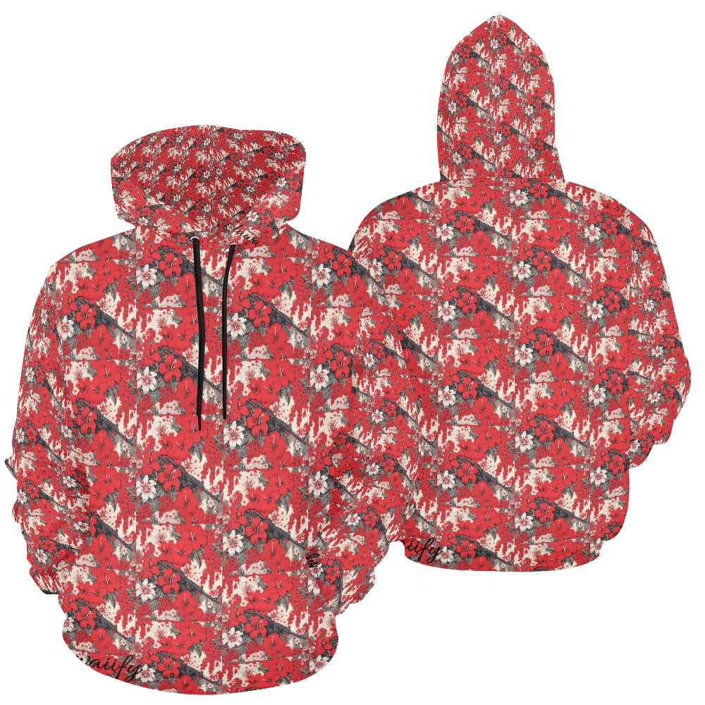 Red & White Lotus Floral Machine Gun Hoodie